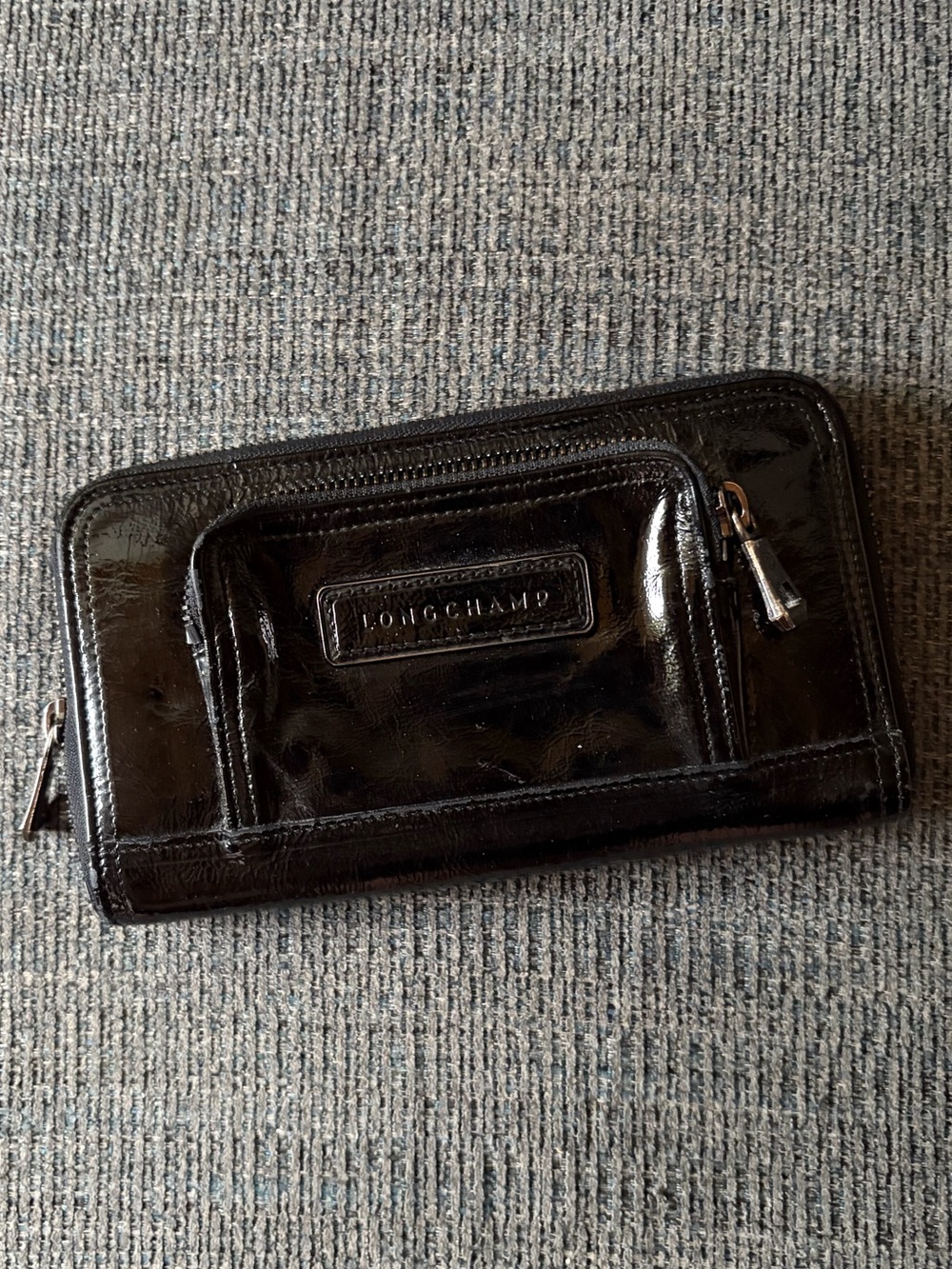 Longchamp Black Patent Leather Zip-Around Wallet with Front Pocket